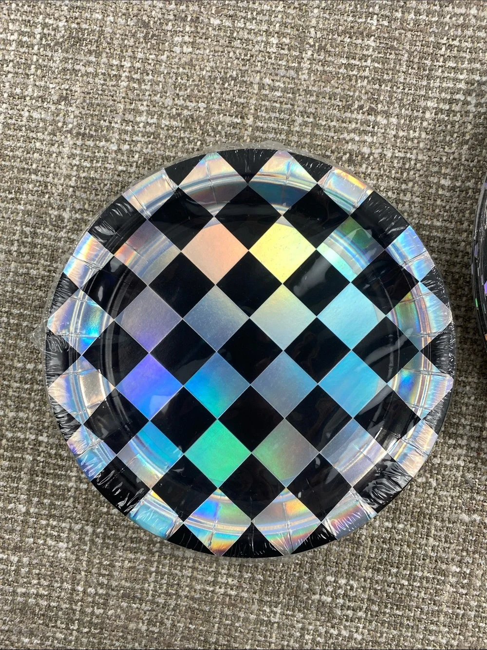 Holographic Black Checkered Paper Plates - Set of 2
